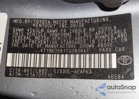 2007 Toyota Avalon Limited из США, поврежденный, VIN 4T1BK36B17U181847